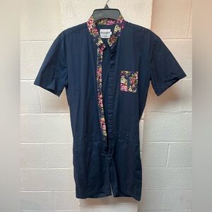 RomperJack Navy Jumpsuit with Floral Trim